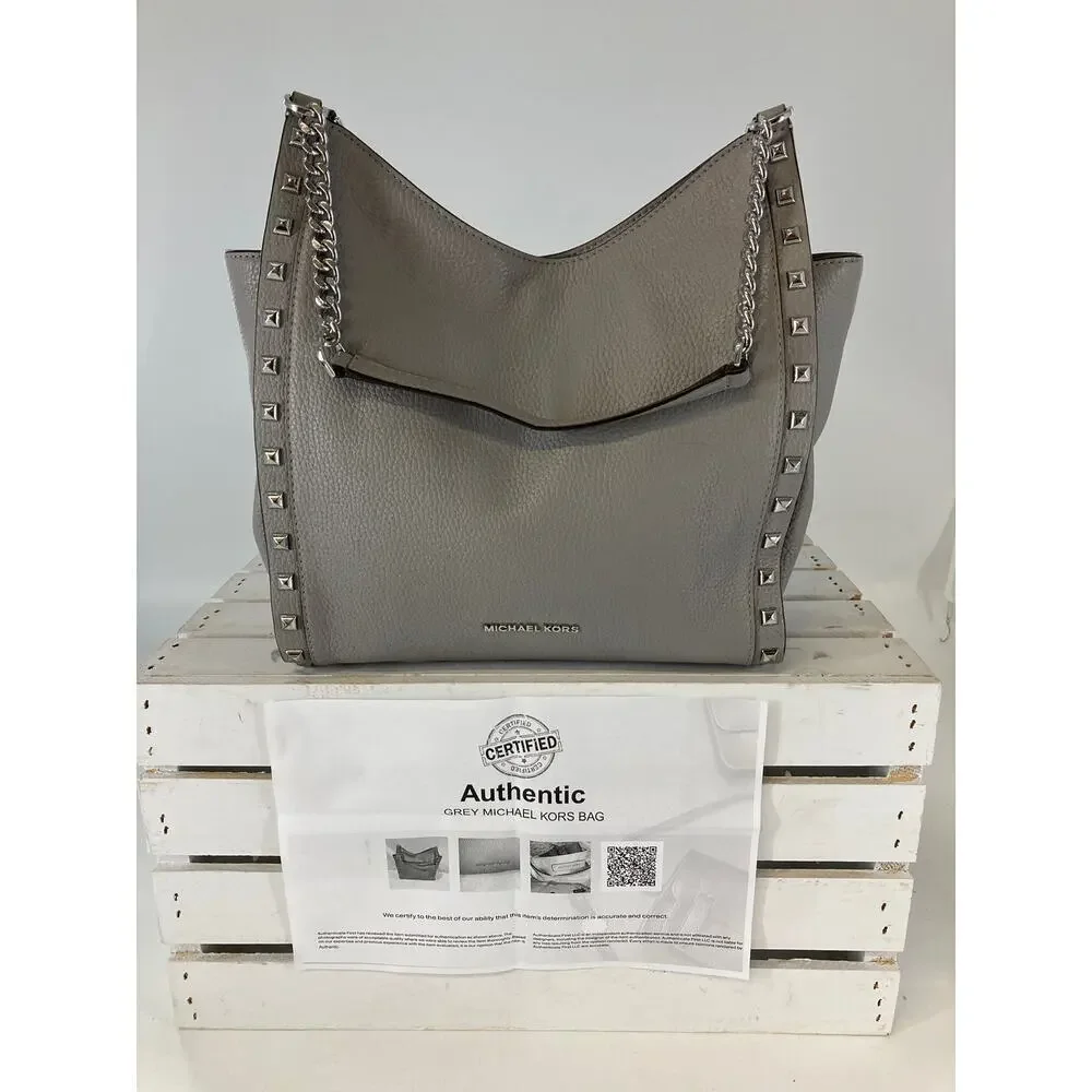 MICHAEL KORS LARGE GRAY PEBBLED LEATHER STUDED SHOULDER BAG